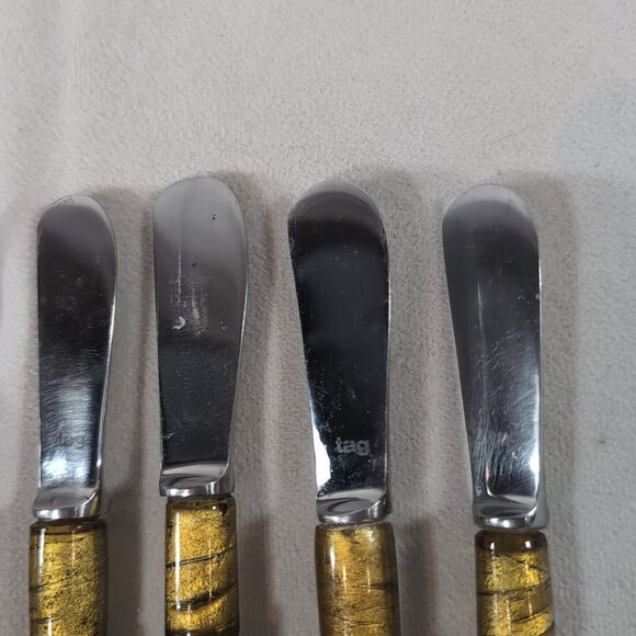 TAG 8 Set Glass Bead 4 Butter Knife 4 Pickle Fork Green Gold Silver Metal Spread - Picture 4 of 13
